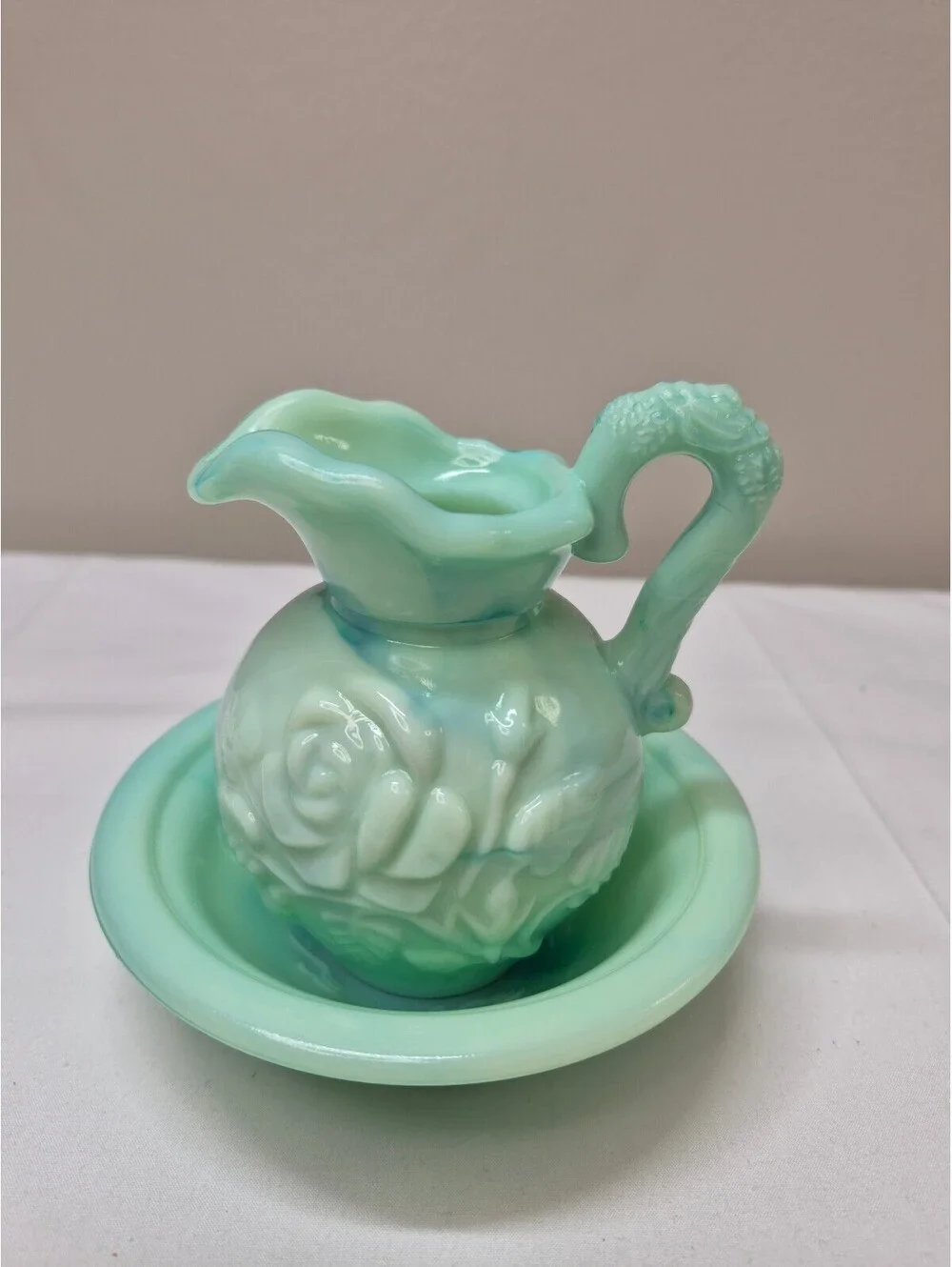 Vintage Avon Jade Green Floral Embossed Glass Pitcher with Matching Bowl J12